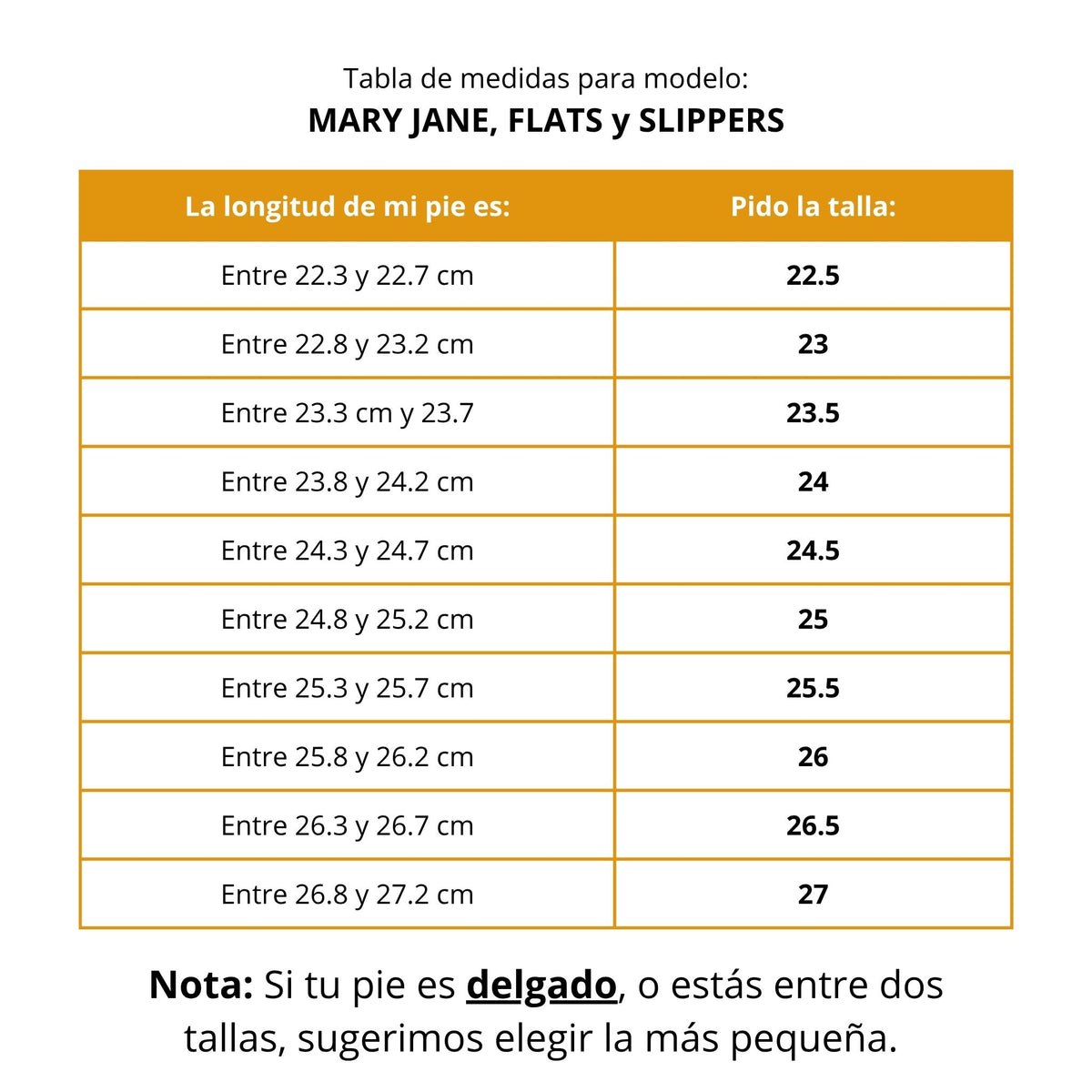 Tabla de Tallas Mary Jane y Flats